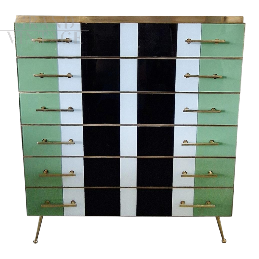 Small tallboy dresser with vertical lines in colored glass