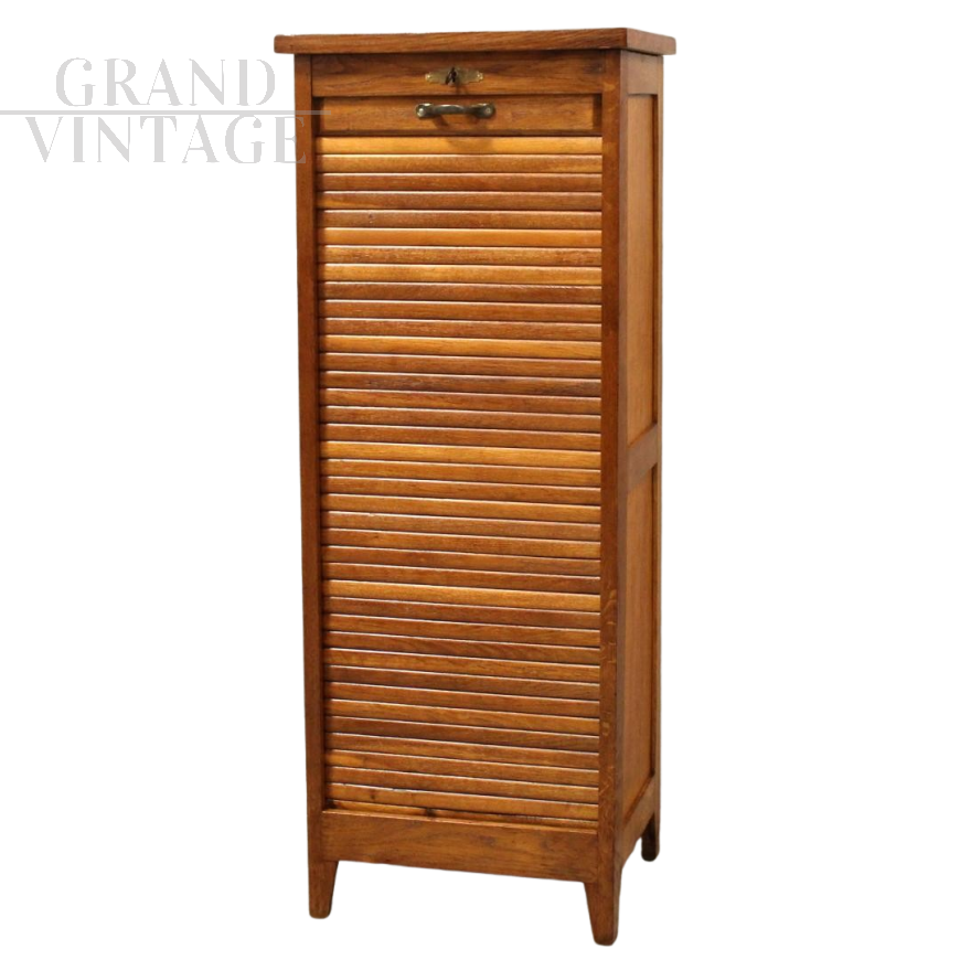 Single roller shutter office filing cabinet in oak