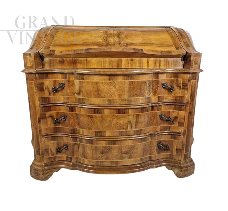 Antique chest of drawers in walnut briar with drop-down desk top, Italy late 19th century     