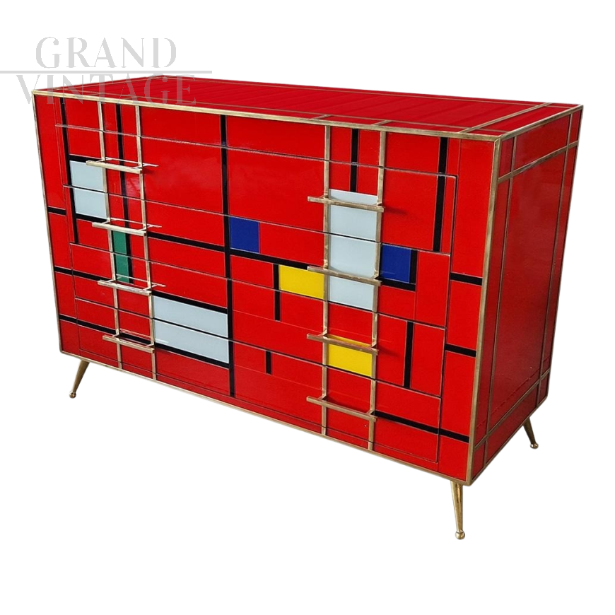 Dresser with four drawers in red Murano glass