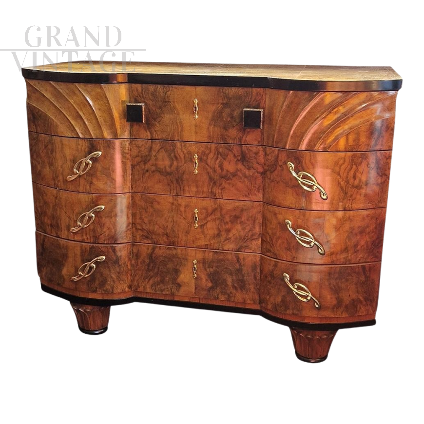 Art Deco chest of drawers with a wavy shape and four drawers, Italy 1930s - 1940s