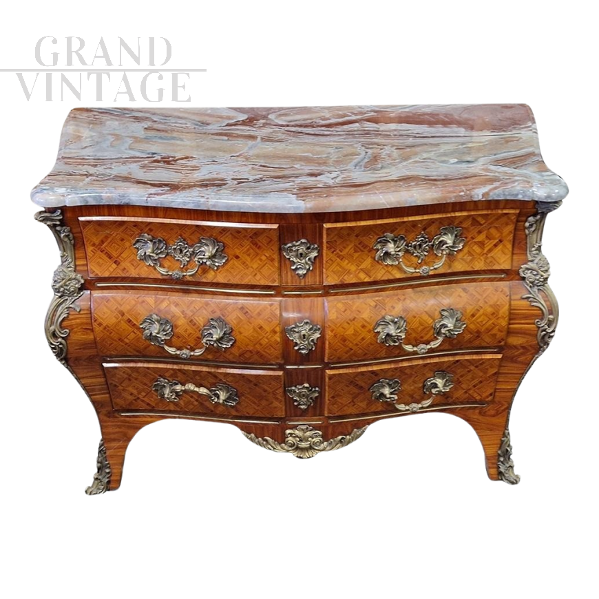 Antique Louis XV style rounded chest of drawers with marqueterie inlays