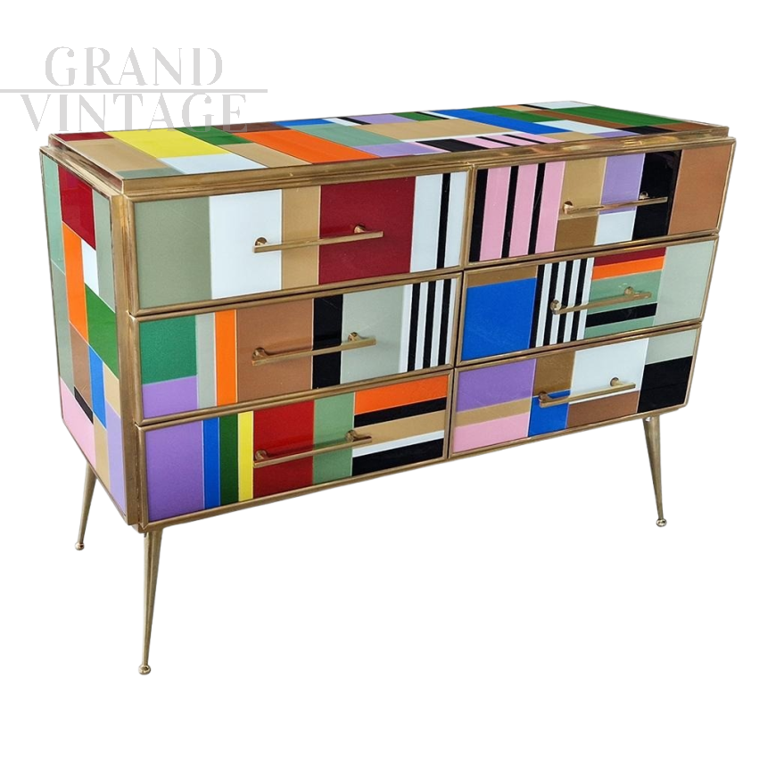 Design dresser with six drawers covered in multicolored glass