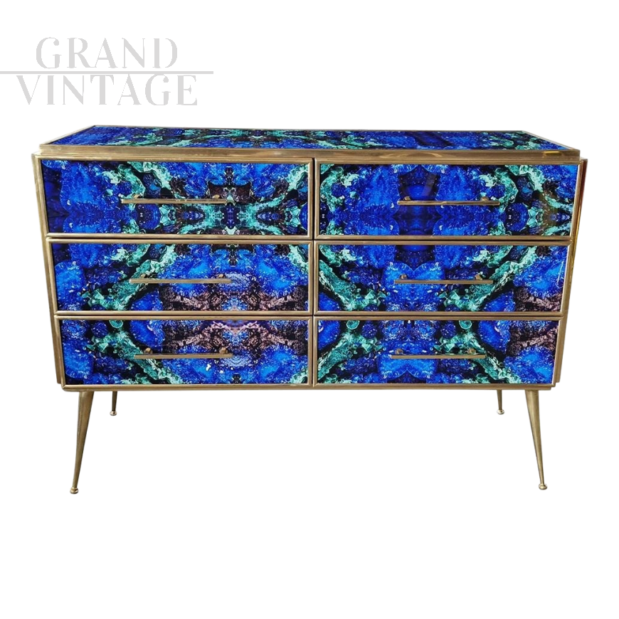 Design dresser in blue glass with lapis lazuli effect with six drawers