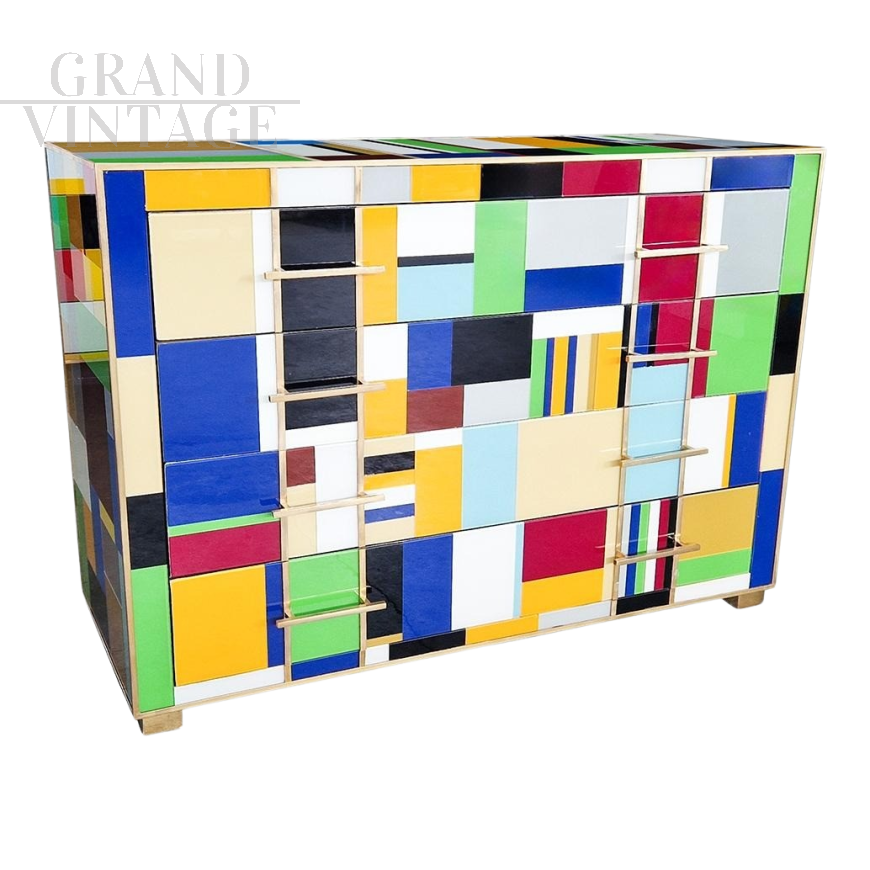 Design dresser covered with multicolored Murano glass tiles