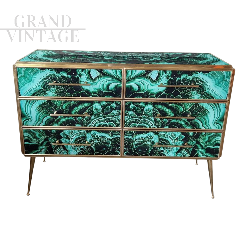 Wooden dresser covered in malachite effect glass with six drawers  