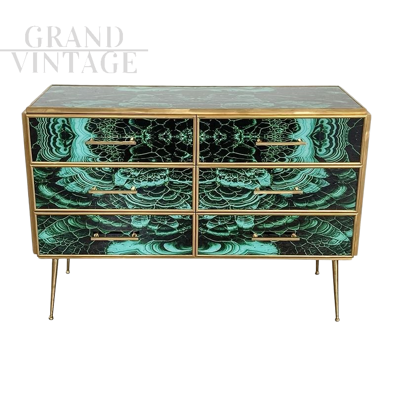 Wooden dresser covered in green malachite effect glass