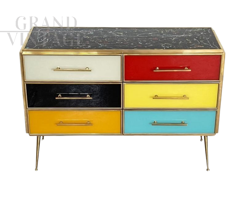 Vintage style 6 drawer dresser in multicolor glass