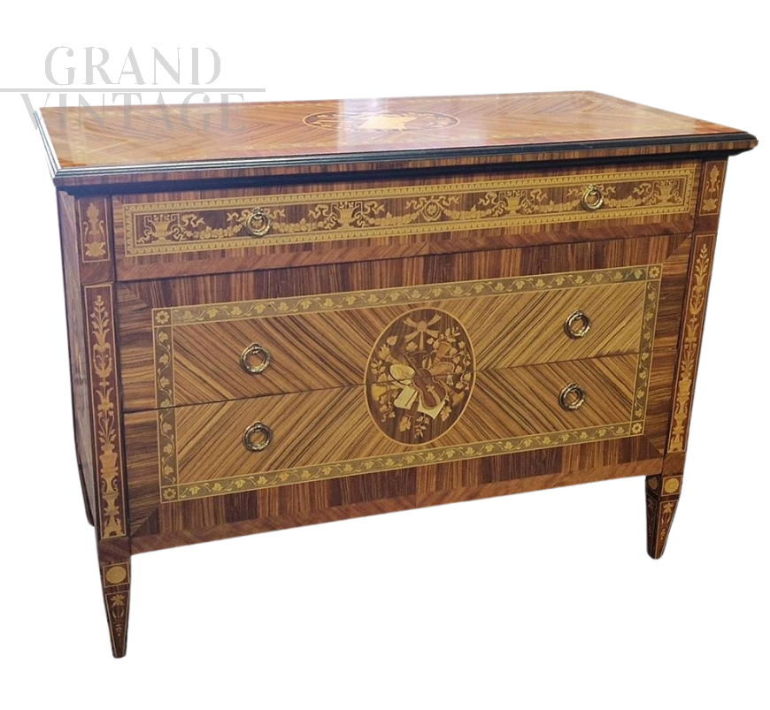 Lombard chest of drawers in antique Louis XVI style with musical inlays  