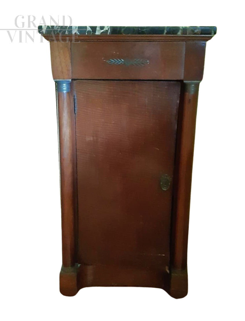 Antique Empire bedside table in cherry wood with marble top