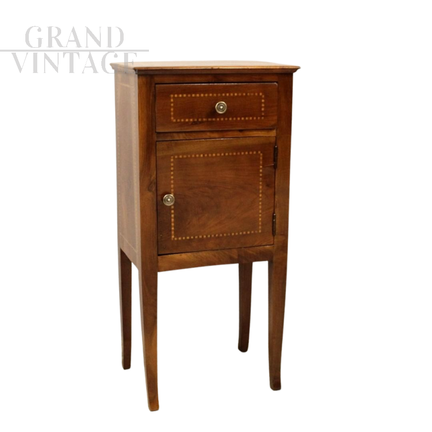 Antique Directoire bedside table cabinet in inlaid walnut, 19th century Italy