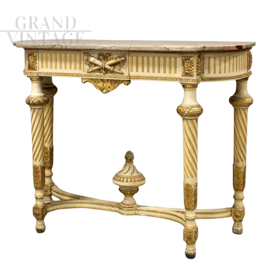 Antique Louis XVI console from the 19th century, carved, lacquered and gilded          