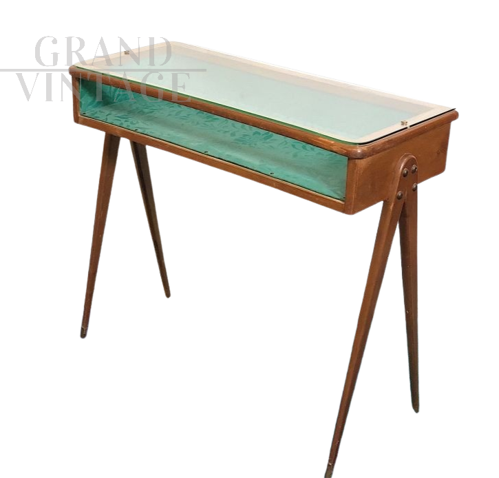 Vintage console in beech with glass container top