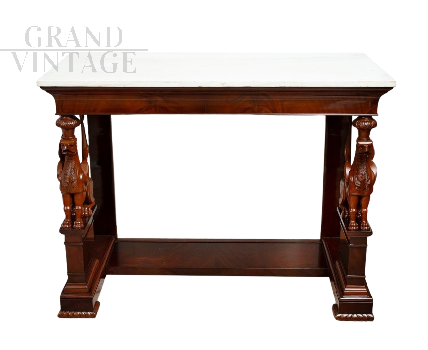 Antique Sicilian Empire console table in mahogany feather with white marble top