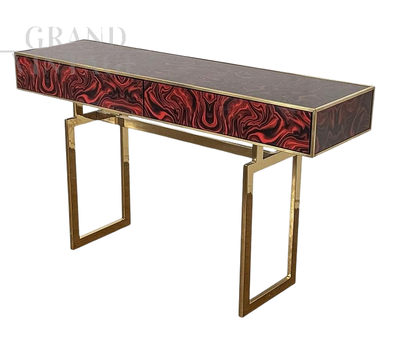 Console in brass and red glass with marbled effect