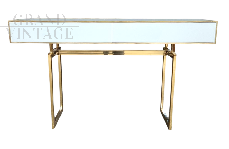 White glass and brass console with two drawers