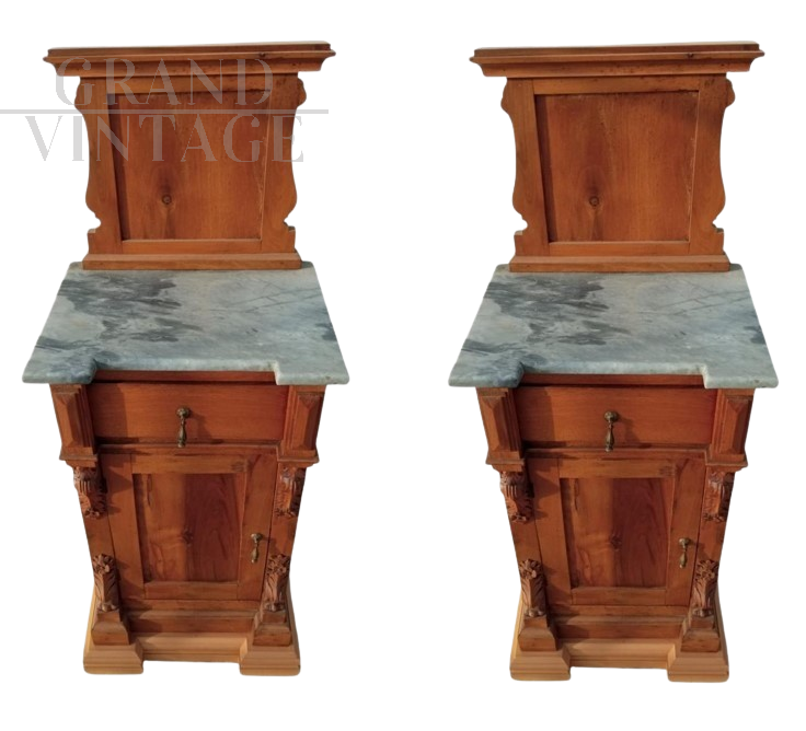 Pair of antique bedside tables from the late 19th century with gray marble top