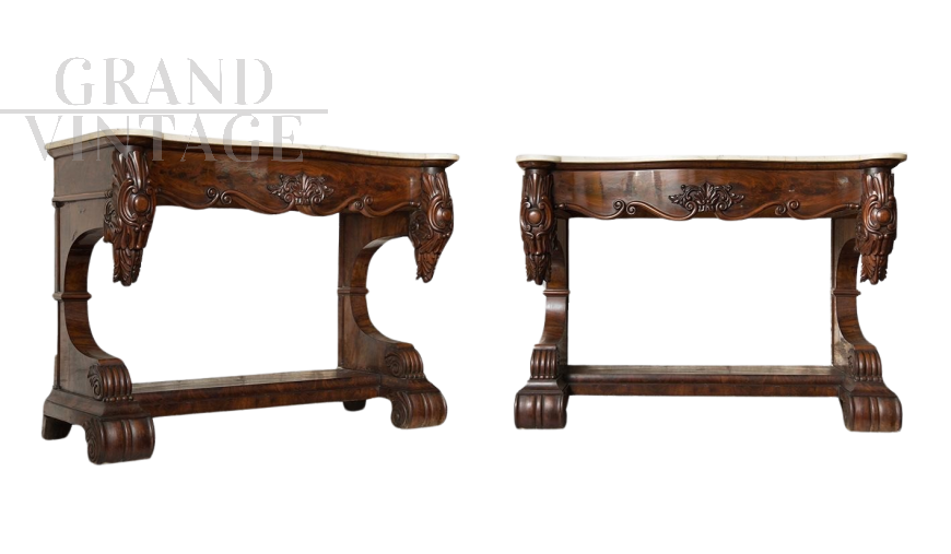 Pair of antique Louis Philippe Neapolitan consoles in mahogany feather