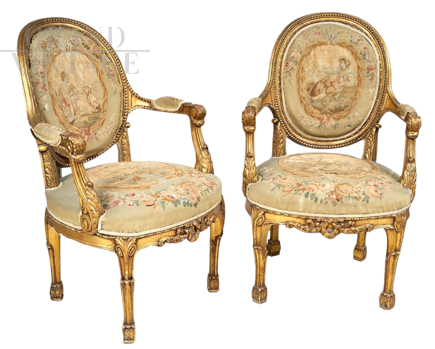 Pair of antique armchairs in gilded wood with Aubusson fabric