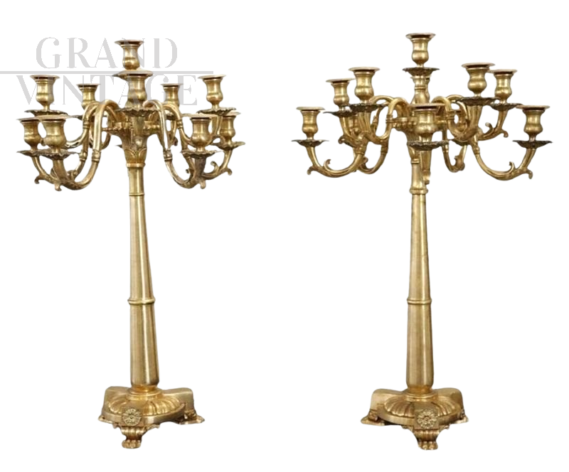 Pair of antique gilded bronze candelabra from the 19th century          