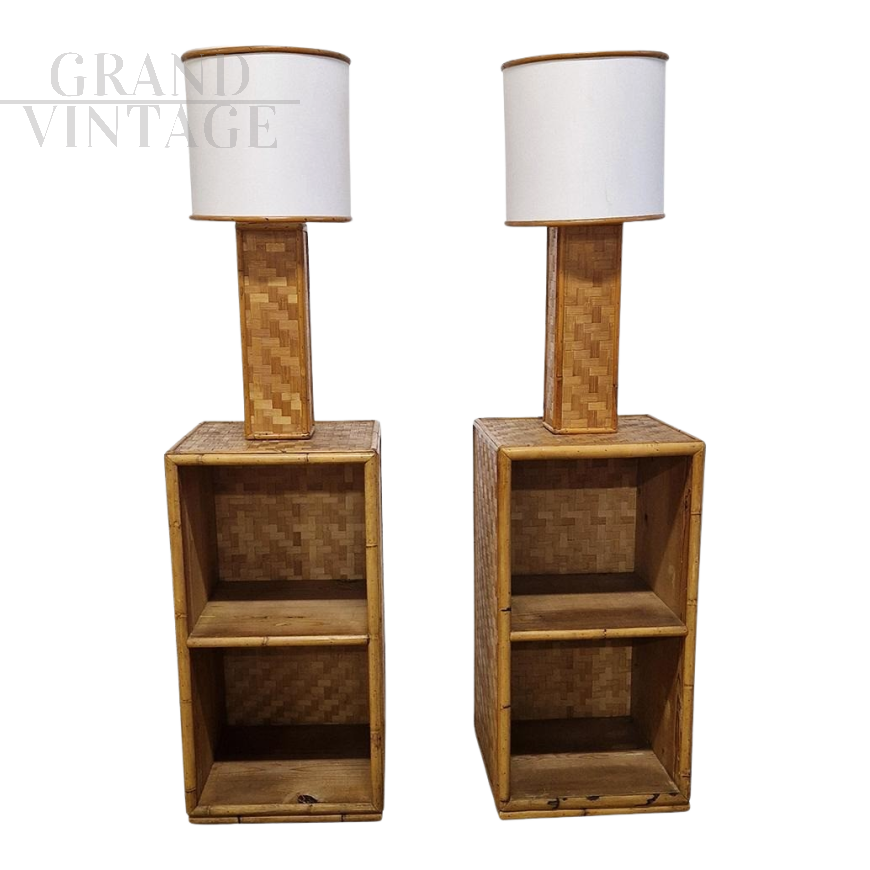 Pair of bamboo and rattan bedside tables with built-in lamps