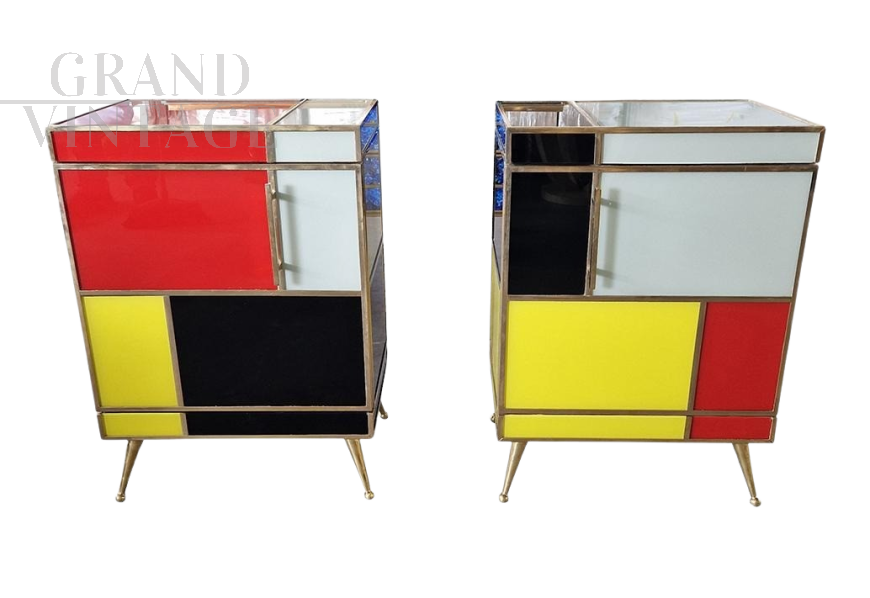 Pair of bedside tables in wood and glass in four colours