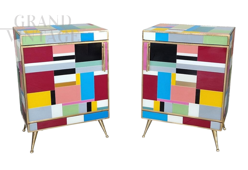 Pair of multicolored Murano glass bedside tables