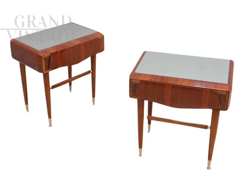 Pair of vintage teak and briar bedside tables with glass top, Italy 1950s