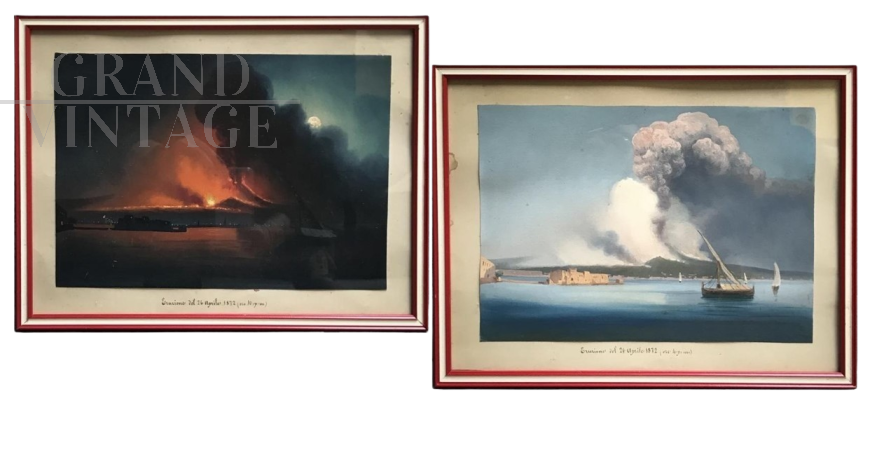 Pair of gouache paintings with Eruption of Vesuvius, Italy 19th century