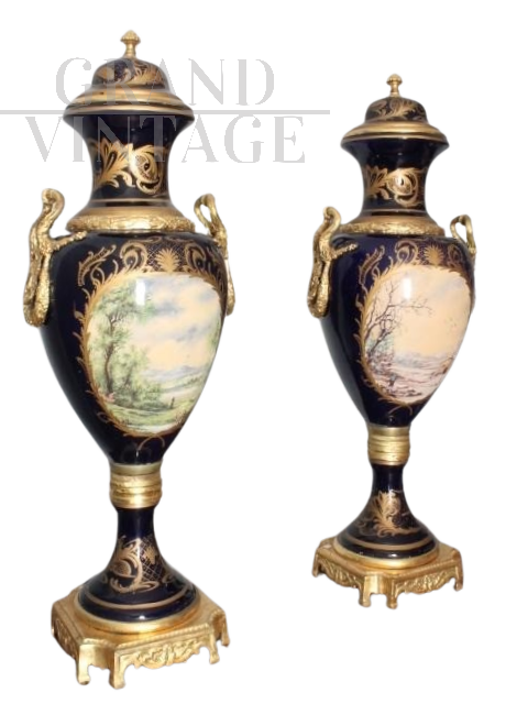 Pair of large Sèvres porcelain cassolette vases with bronzes, 20th century