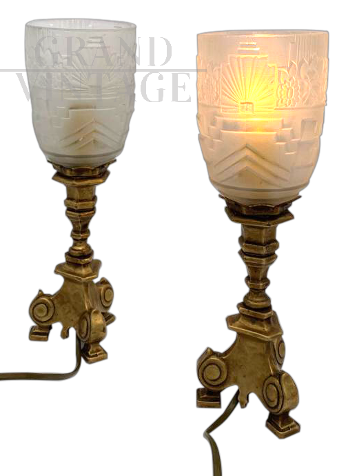 Pair of art deco bedside lamps in bronze and glass