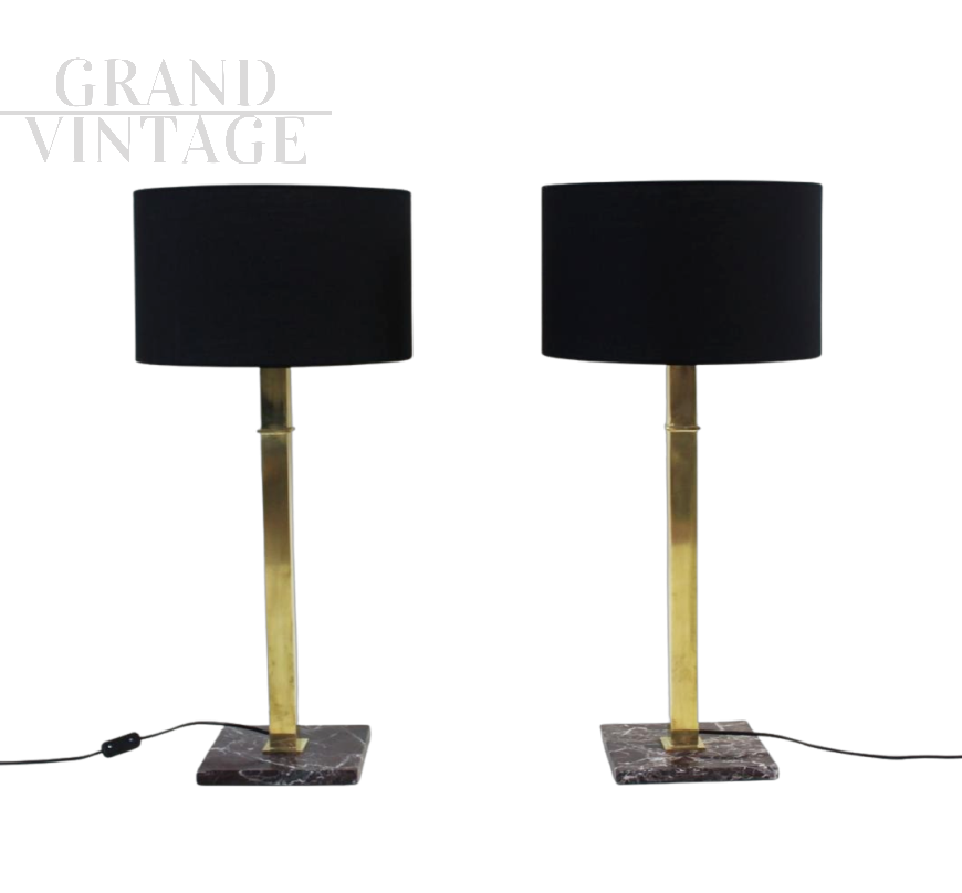 Pair of modern design lamps in brass and black marble