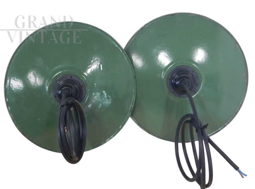 Pair of industrial green metal saucer lamps, 1940s                         
                            