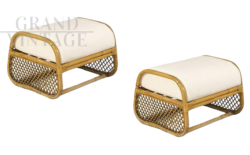 Pair of bamboo and rattan pouf ottomans benches