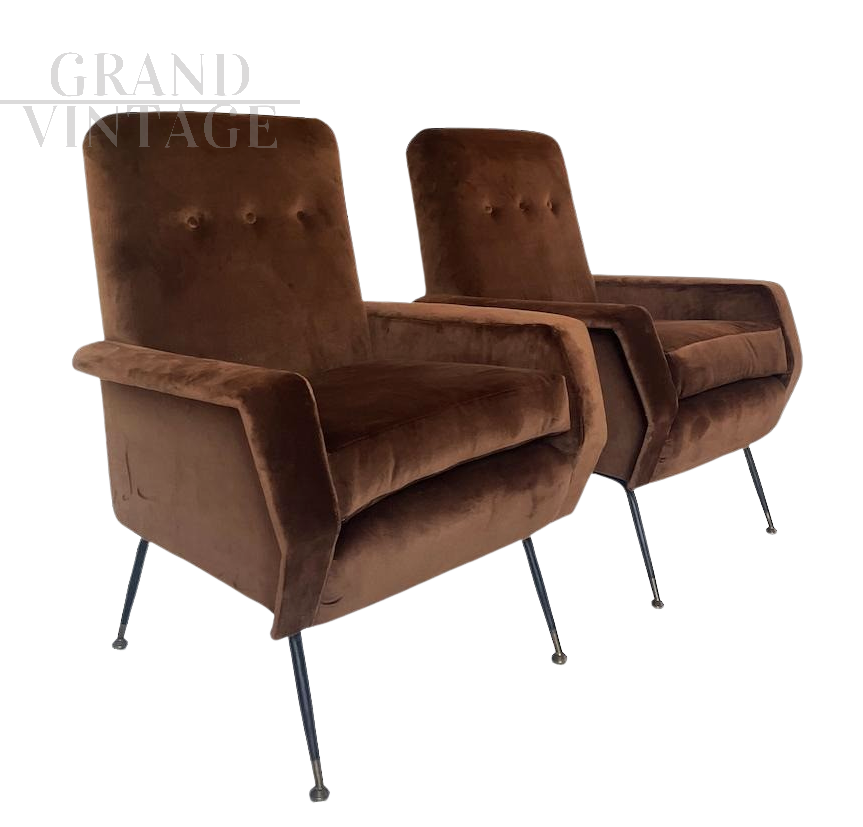 Pair of armchairs by Marco Zanuso from the 1950s in brown velvet