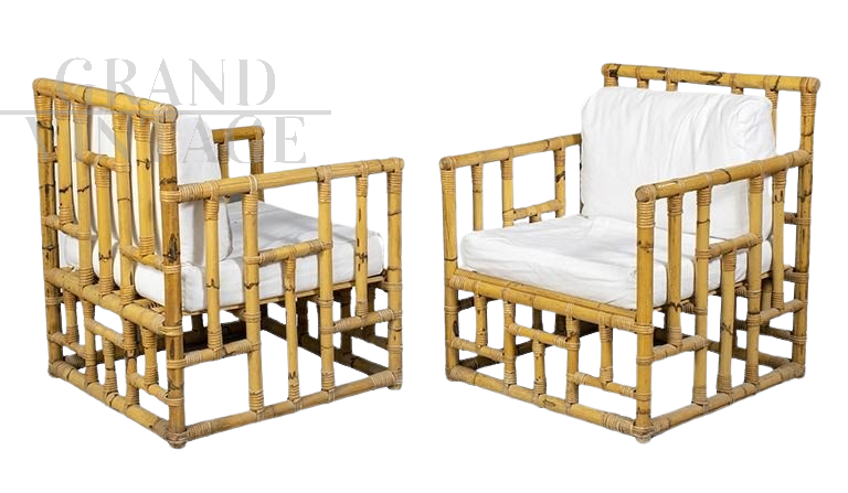 Pair of bamboo and rattan armchairs