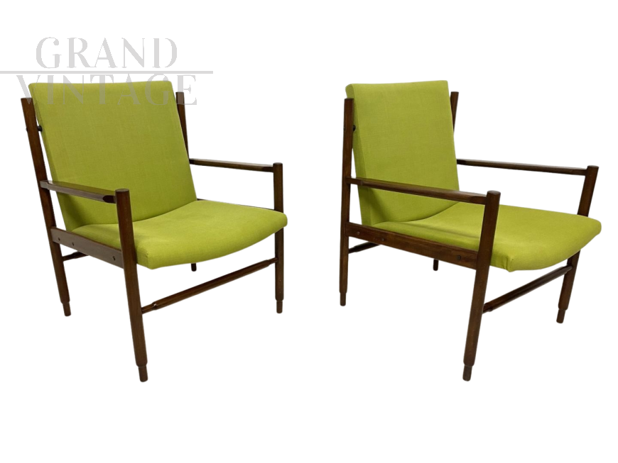 Pair of vintage armchairs in cherry wood and green cotton, 1970s