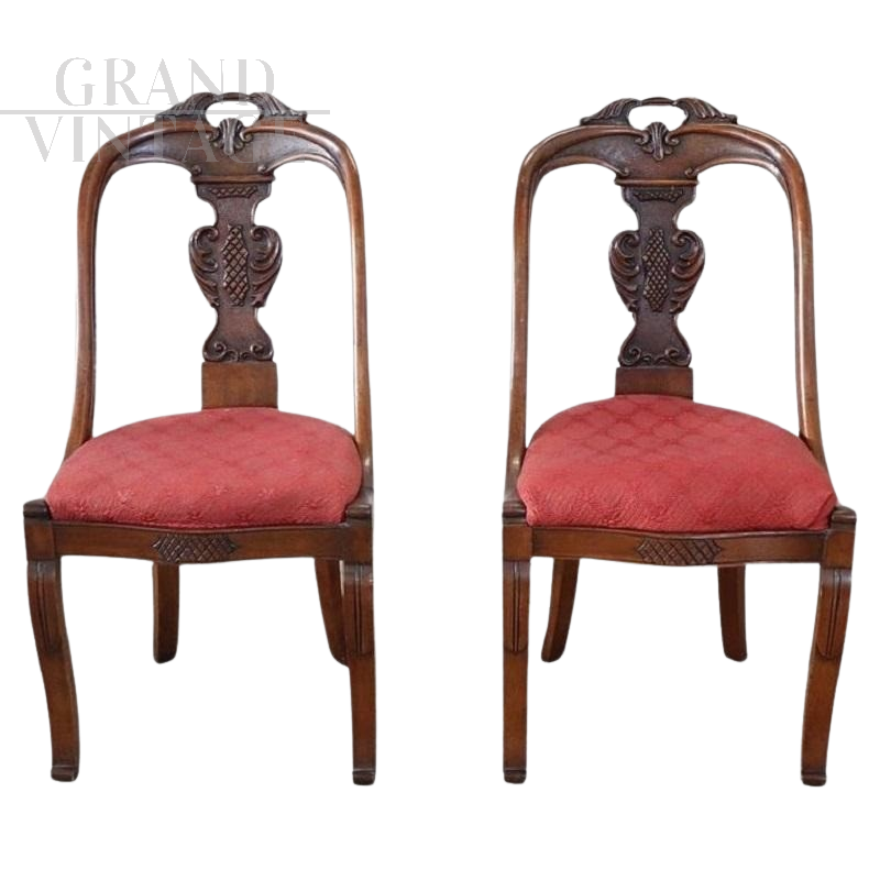 Pair of antique walnut gondola chairs, Italy 19th century