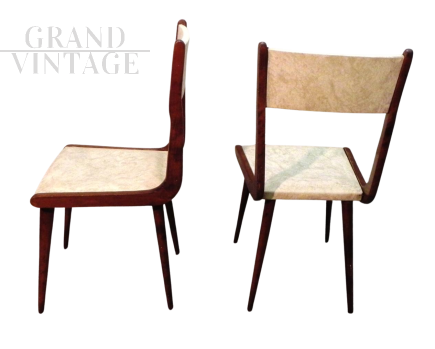 Pair of Carlo Ratti style chairs in wood and ivory skai, 1960s        