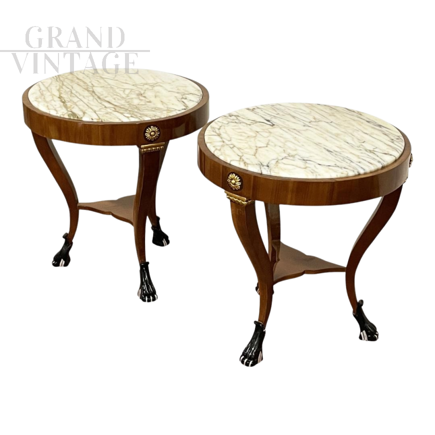 Pair of French antique style coffee tables with marble top, late 1900s