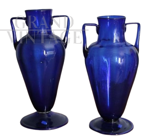 Pair of Art Nouveau amphora vases in cobalt blue Murano glass   