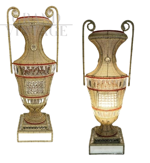 Pair of luminous vases covered with glass beads and beveled glasses