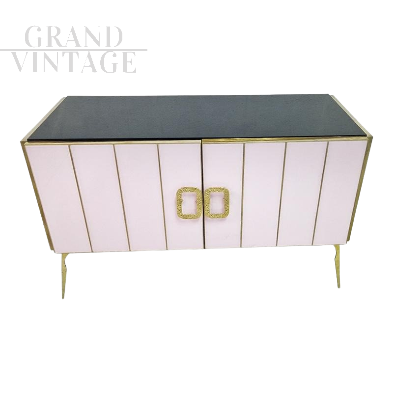 2-door sideboard in pink and black glass and brass