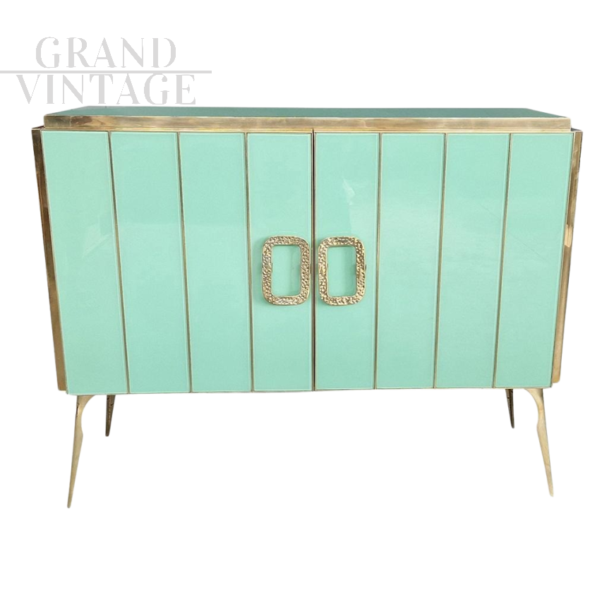 Two-door sideboard in aqua green Murano glass and brass          