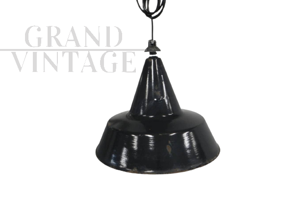 Vintage industrial black metal funnel lamp, diameter 45cm, 1940