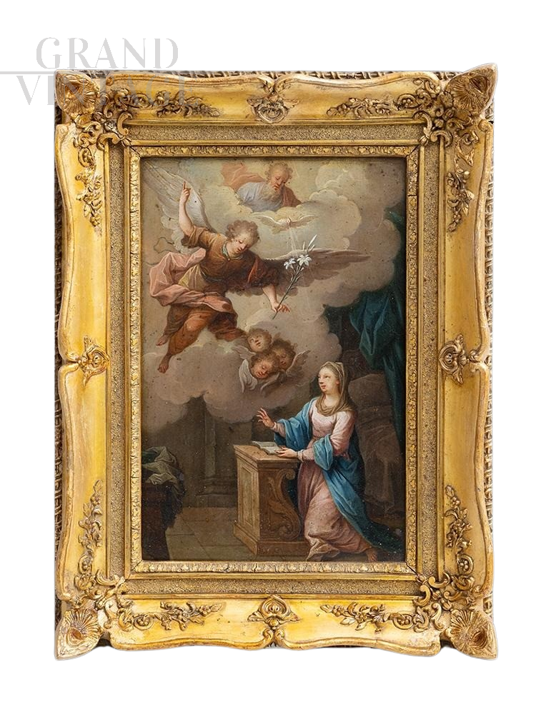 Antique oil painting on bronze depicting the Annunciation, Naples 19th century