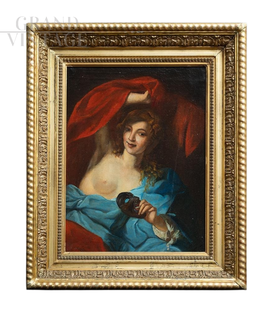 Antique Venetian painting depicting a noblewoman with a mask