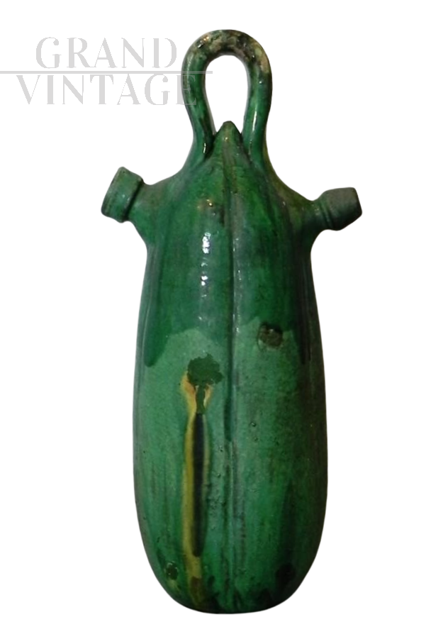 Catalan botijo ​​cantir flask in green glazed terracotta, 1970s