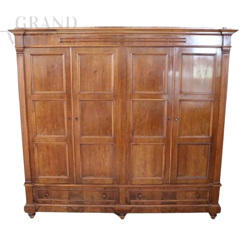 Large antique 4-door walnut wardrobe from the 19th century