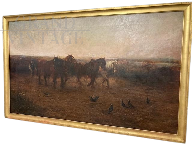 Large antique painting with horses by Loraine Nevison Arthur, 1893         